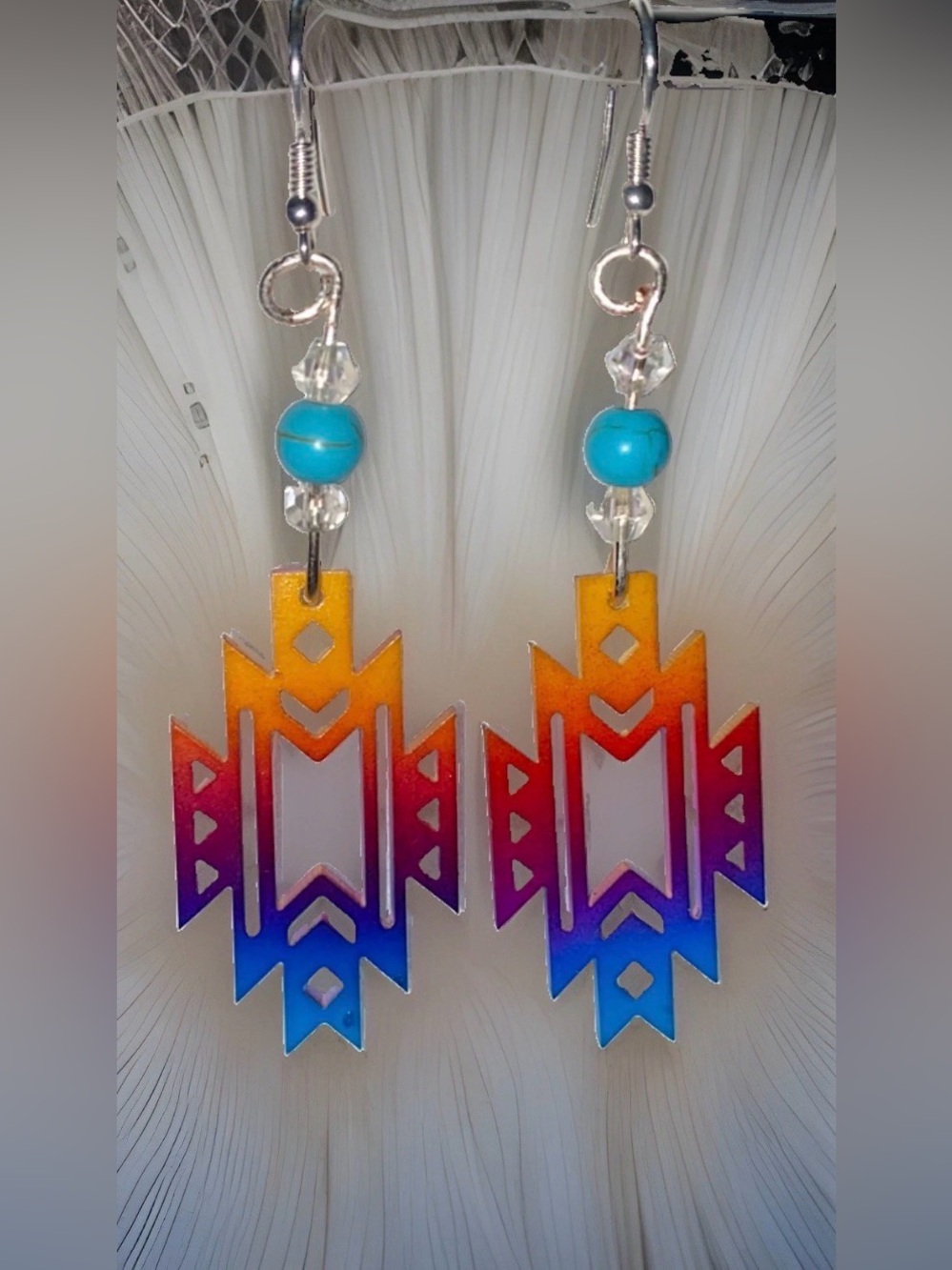 Handmade Southwestern Geometric Sunset Earrings Turquoise Swarovski 925 Plate 3”